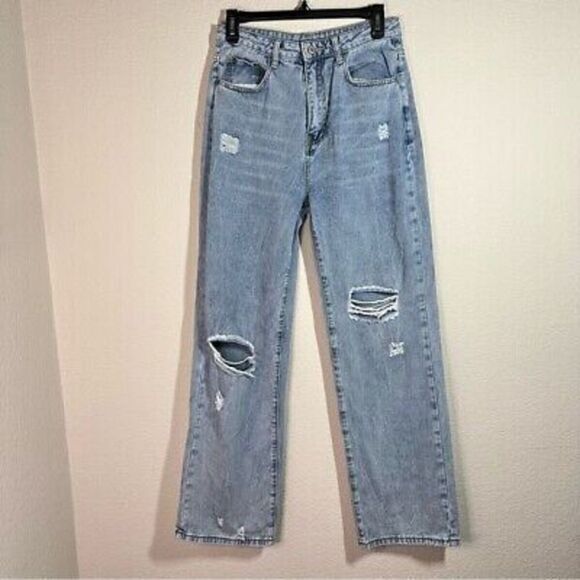 Dazy Womens Wide Leg Jeans Light Wash Distressed‎ Cotton Denim Size Large - Picture 1 of 9